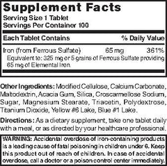 Bottle and packaging for Nature's Blend Ferrous Sulfate iron supplement, 100 tablets