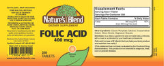 Nature's Blend Folic Acid 400 mcg bottle label with nutrition facts