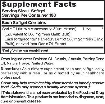 Close-up of Nature's Blend garlic oil 500 mg softgels