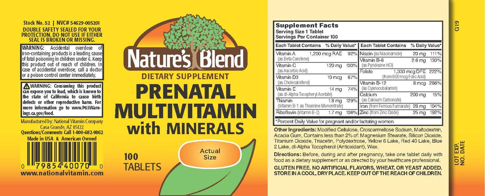 Close-up of Nature's Blend Prenatal Formula Multivitamin bottle label - gluten free