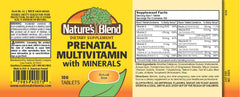 Close-up of Nature's Blend Prenatal Formula Multivitamin bottle label - gluten free