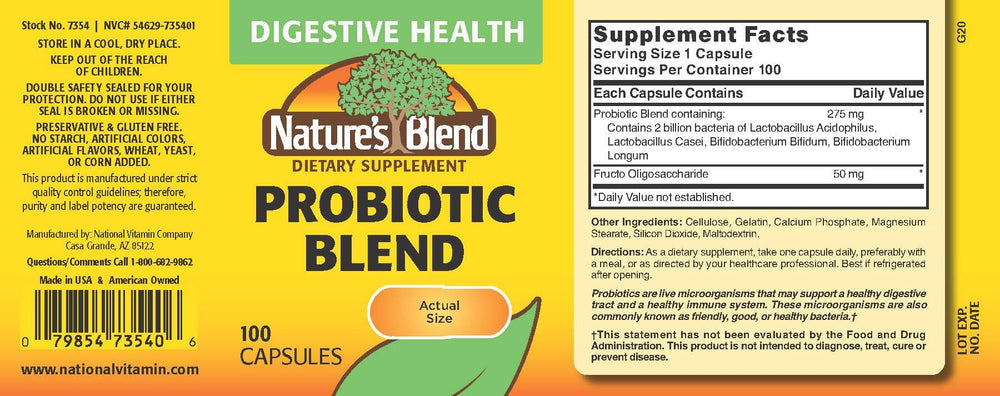 Nature's Blend Probiotic Blend 2 Million CFU 100 Capsules White bottle close-up