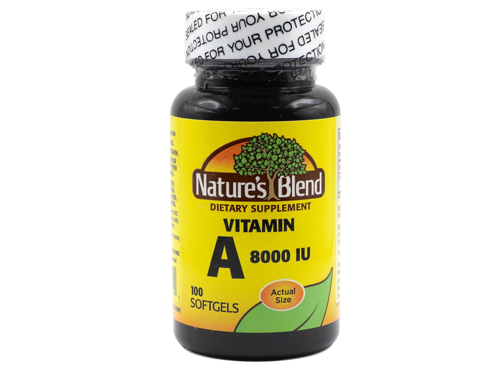 Bottle of Nature's Blend Vitamin A 8000 IU softgels with label