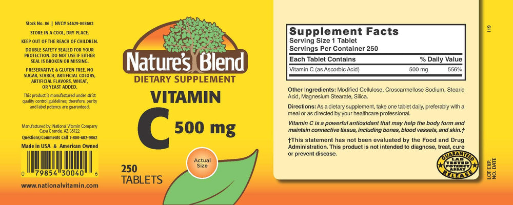 Close-up of Nature's Blend Vitamin C bottle showing 500 mg per tablet