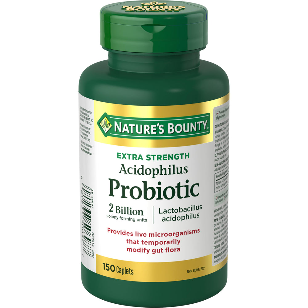 Bottle label for Nature's Bounty Acidophilus Probiotic 2 Billion, 150 caplets