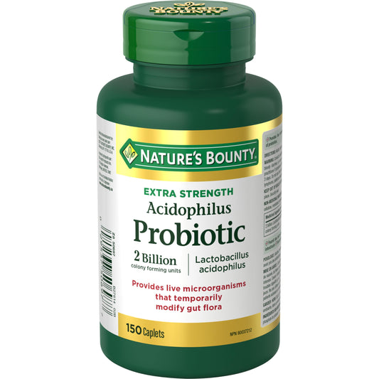 Bottle label for Nature's Bounty Acidophilus Probiotic 2 Billion, 150 caplets