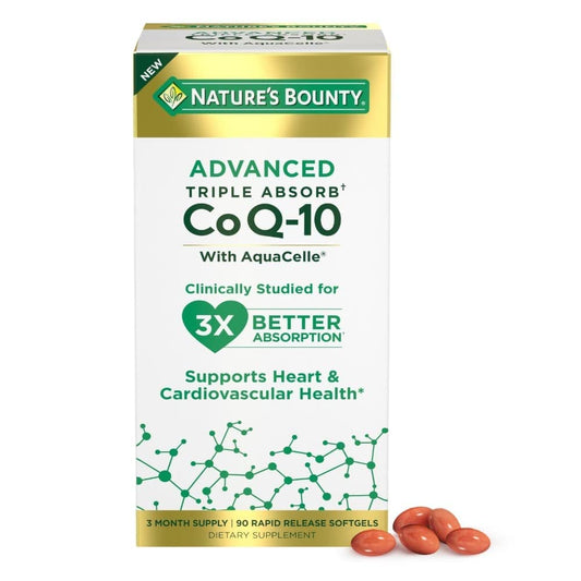 Nature's Bounty Advanced Triple Absorb CoQ-10 softgels bottle, 100 mg per serving, 90 count