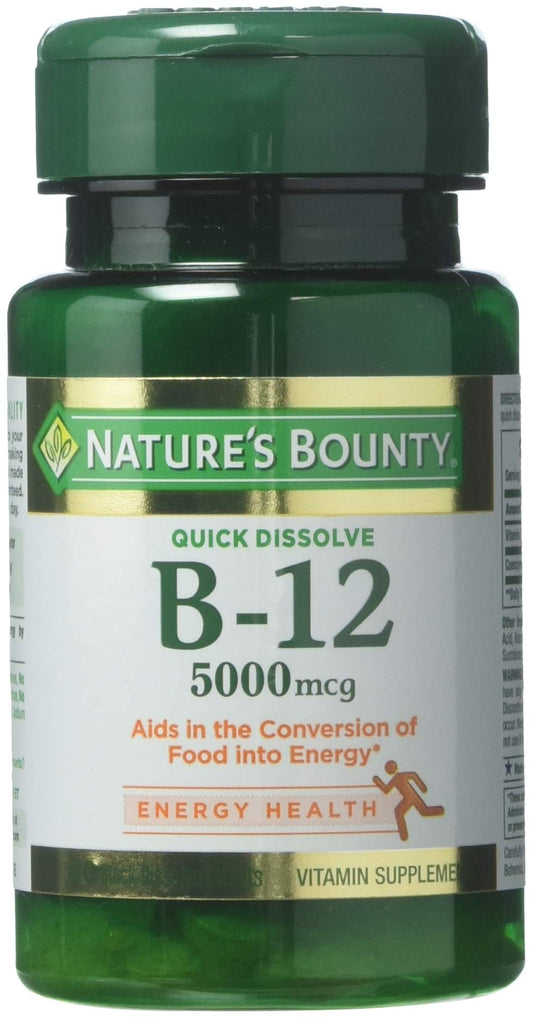 Nature's Bounty B-12 5000 mcg Quick-Dissolve 40 tablets Pack of 3 bottle label