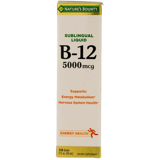 Nature's Bounty B12 5000 mcg Sublingual Liquid bottle and 2 oz pack front view