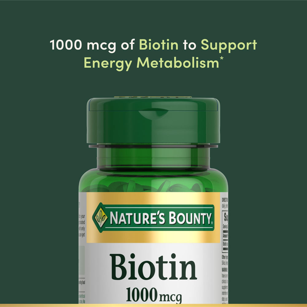 Biotin 1000 mcg label showcasing healthy hair, skin and nails