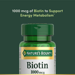 Biotin 1000 mcg label showcasing healthy hair, skin and nails