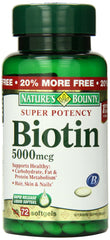 Bottle of Nature's Bounty Biotin 5000 mcg 150 rapid-release softgels