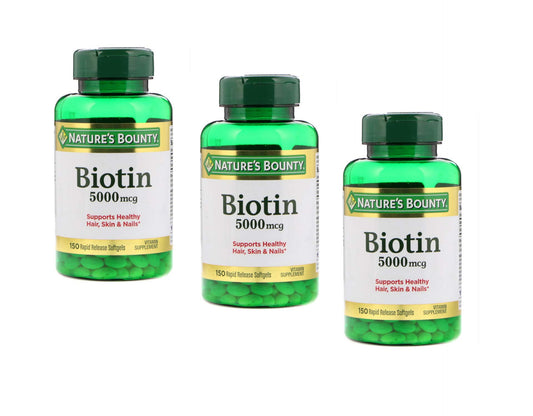 Nature's Bounty Biotin 5000 mcg Rapid Release Softgels bottle front view - 3-pack