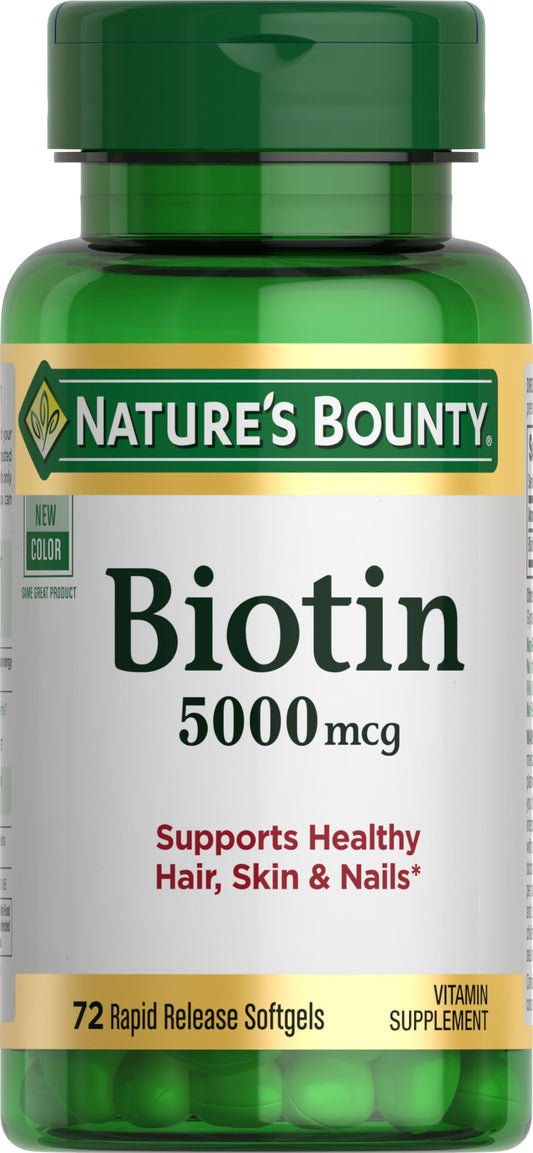 Front label of Nature's Bounty Biotin 5000 mcg bottle