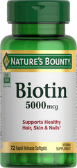 Front label of Nature's Bounty Biotin 5000 mcg bottle