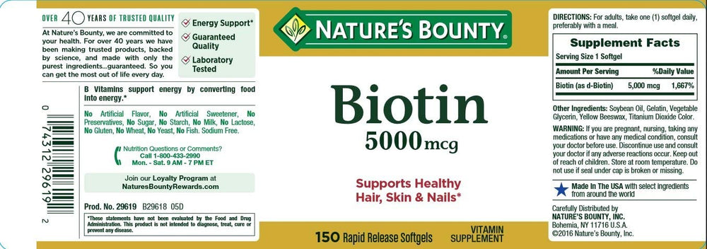 Nature's Bounty Biotin 5000 mcg Softgels - back label close-up