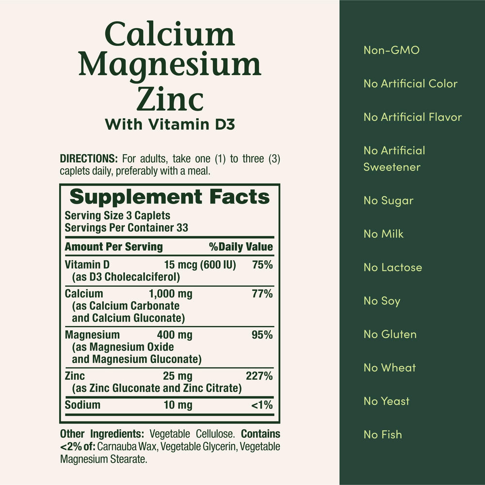 Label highlighting calcium 1000 mg, magnesium 400 mg, and vitamin D3