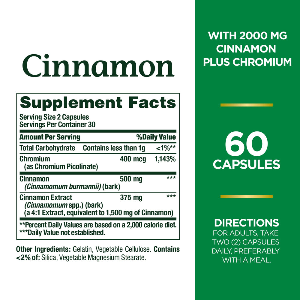 Close up of Cinnamon 2000 mg Plus Chromium capsules