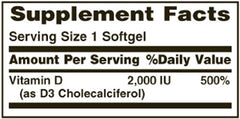 Close-up of Nature's Bounty Vitamin D3 2000 IU softgels label