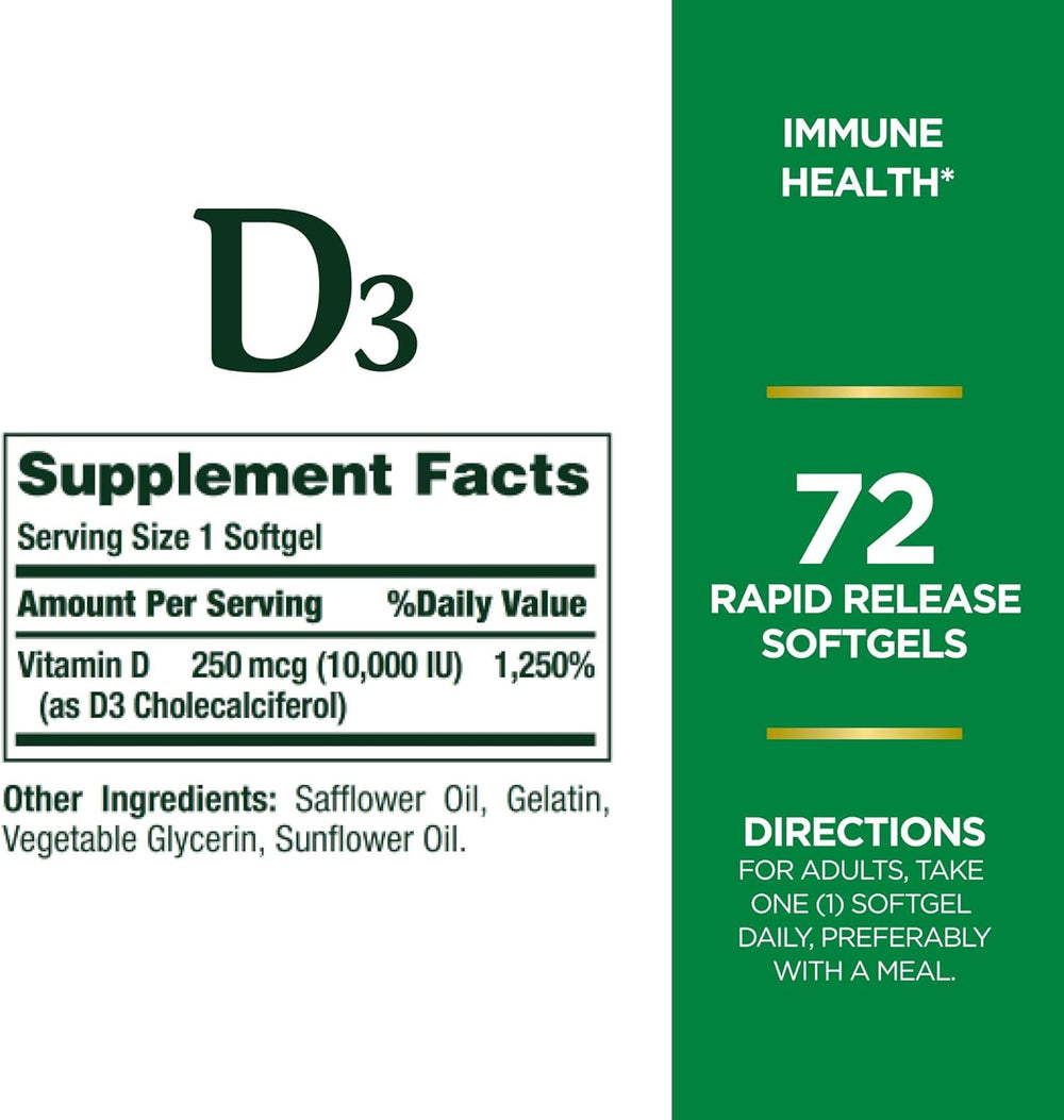 Four-pack of Nature's Bounty D3-10,000 IU softgels (72 softgels each)