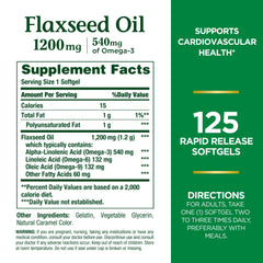 Flaxseed oil softgels bottle label close-up