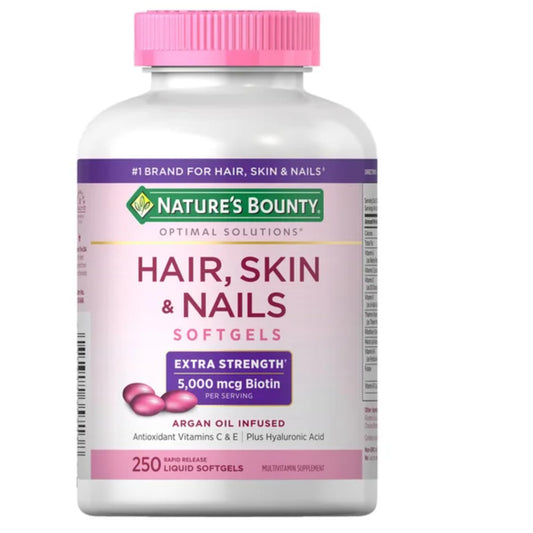 Nature's Bounty Hair Skin Nails Biotin 5000 mcg bottle and packaging