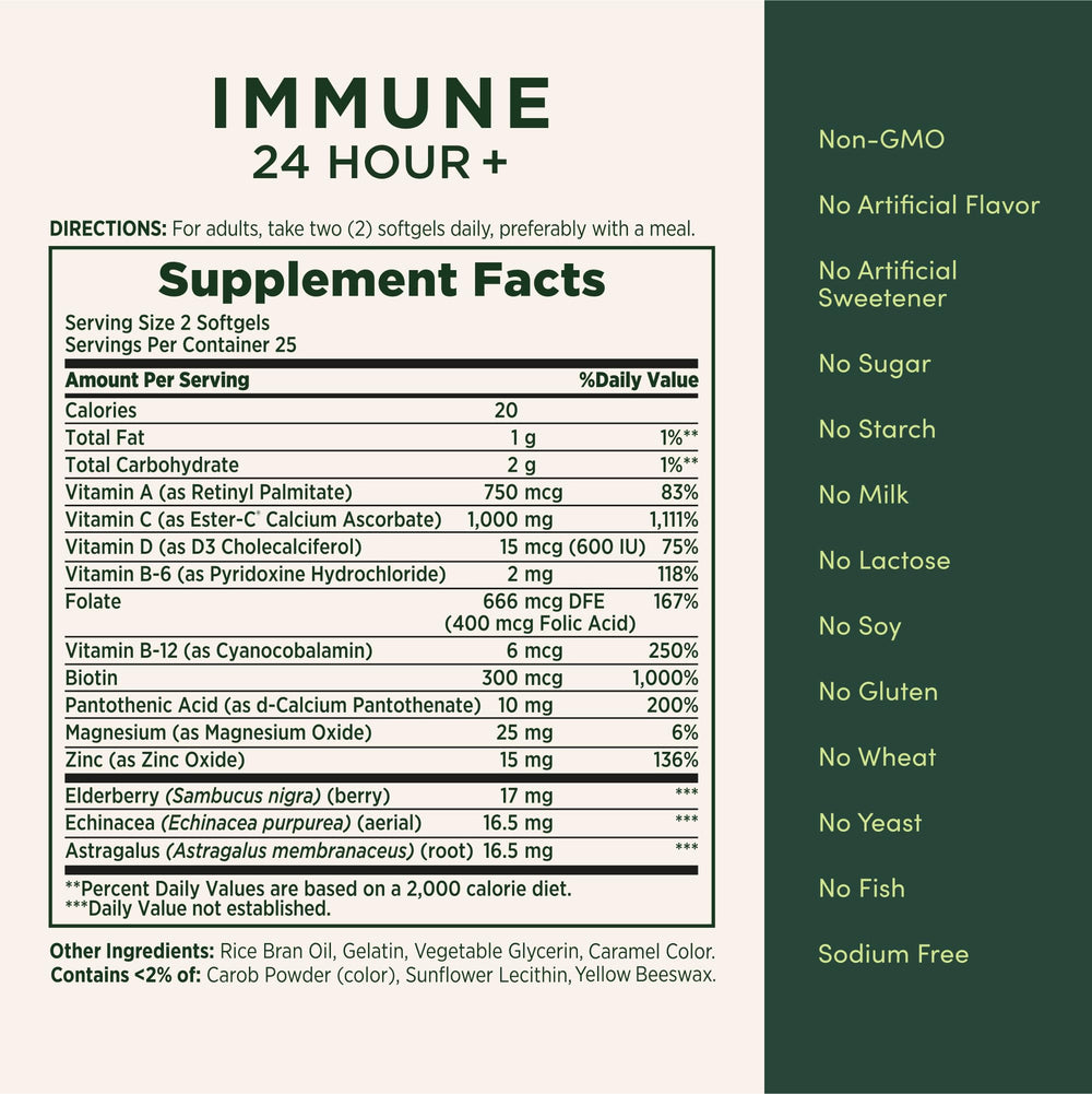Non-GMO, gluten-free Nature's Bounty Immune 24 Hour Plus packaging