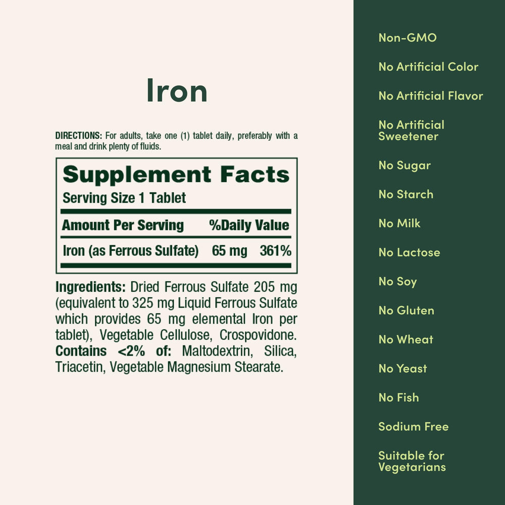 Close-up of Nature's Bounty Iron 65 mg label displaying elemental iron content
