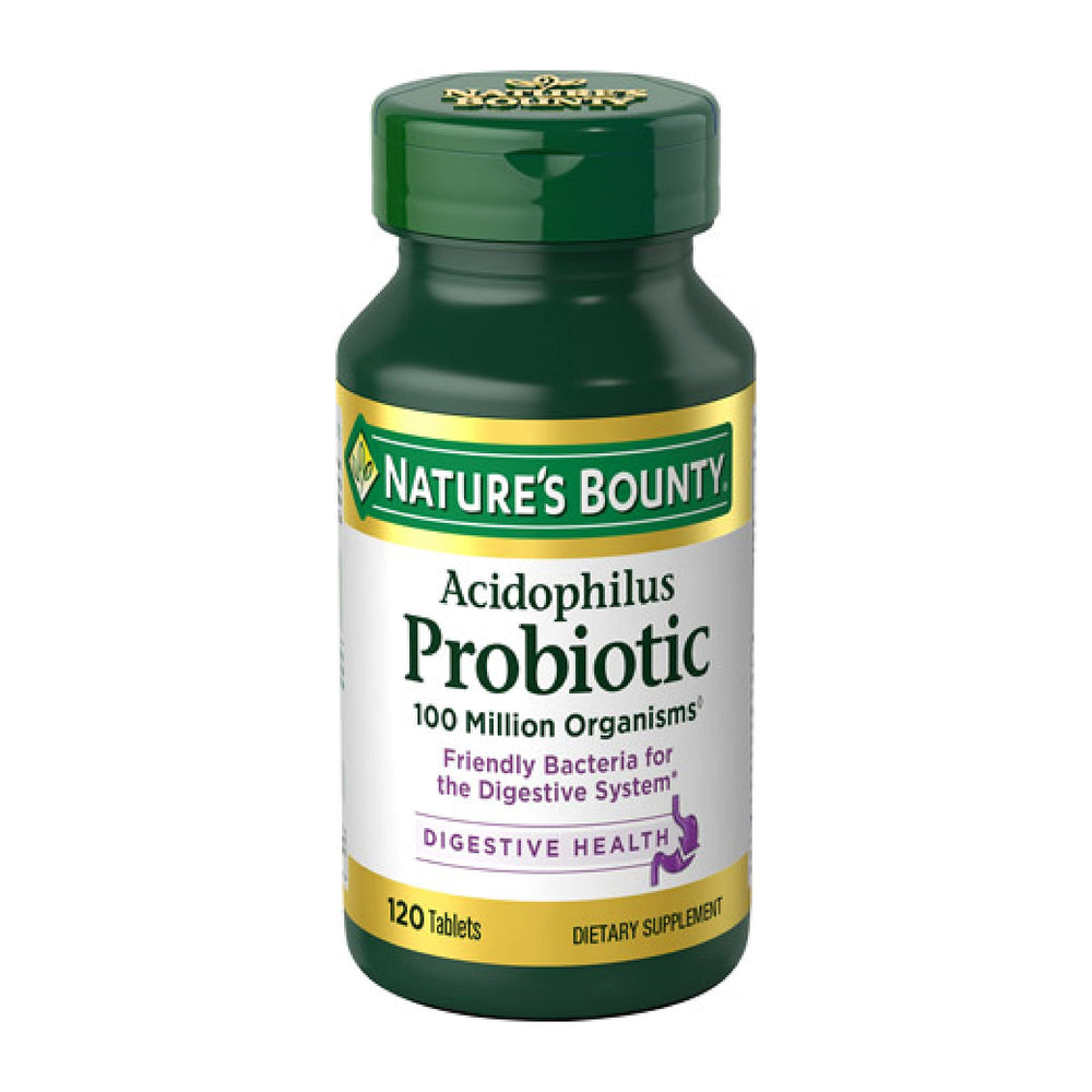 Front view of Nature's Bounty Lactobacillus Acidophilus probiotic supplement bottle