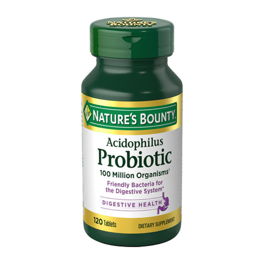 Front view of Nature's Bounty Lactobacillus Acidophilus probiotic supplement bottle