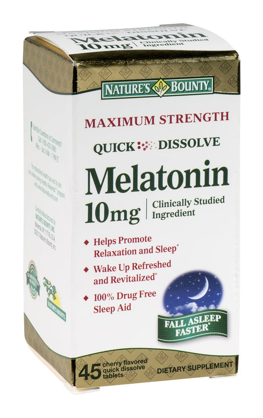 Nature's Bounty Melatonin 10 mg Quick Dissolve Tablets bottle and packaging
