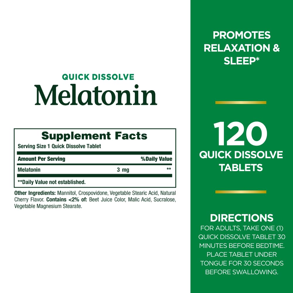 Close-up of Nature's Bounty Melatonin 3 mg quick-dissolve tablets