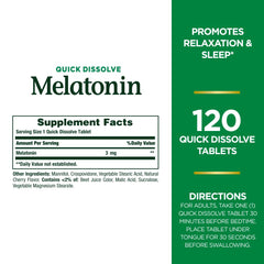 Close-up of Nature's Bounty Melatonin 3 mg quick-dissolve tablets
