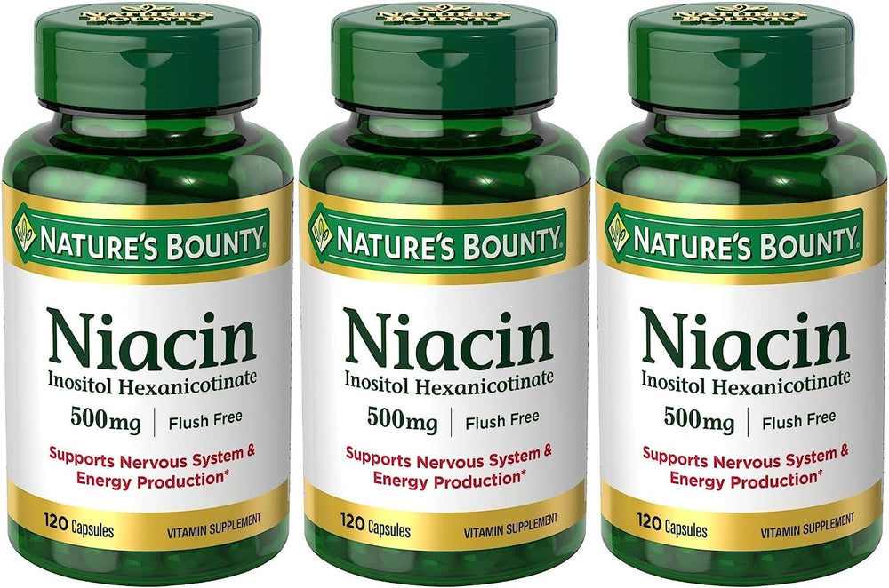 Nature's Bounty Niacin Flush Free 500 mg bottle – supports metabolic wellness.
