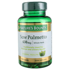 Nature's Bounty Saw Palmetto 450 mg bottle and capsules