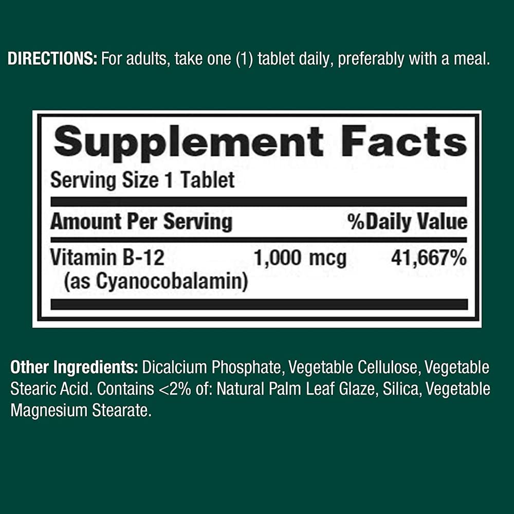 Boxed Nature's Bounty Vitamin B12 packaging showing 1000 mcg tablets