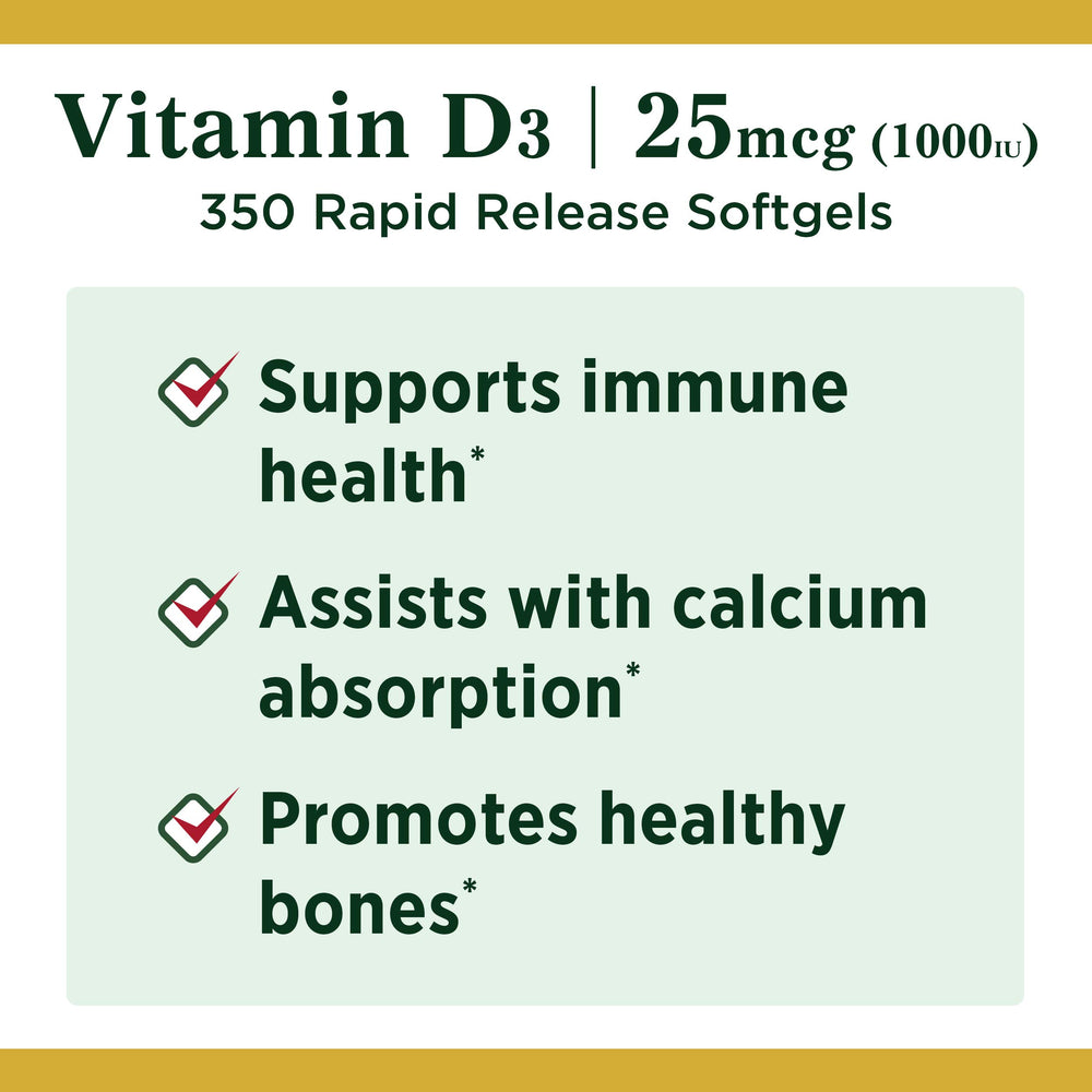Side view of Nature's Bounty Vitamin D3 1000 IU Softgels bottle
