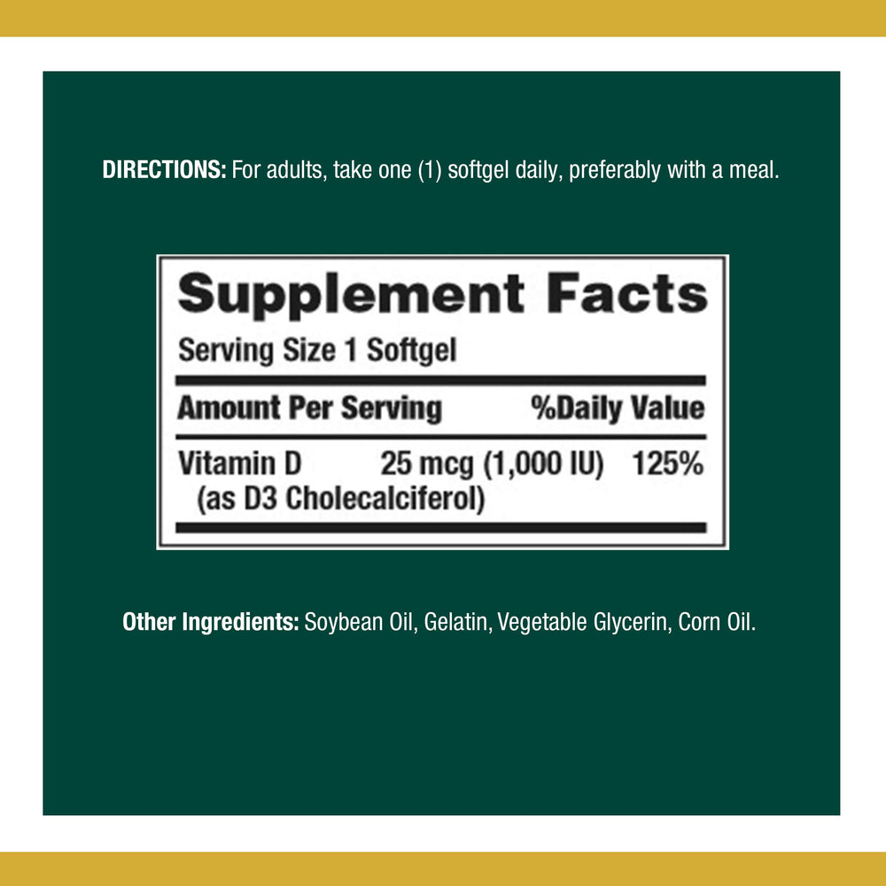 Close-up of Nature's Bounty Vitamin D3 1000 IU Softgels label