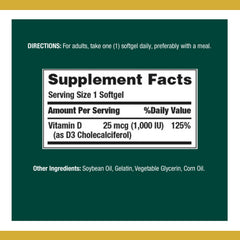 Close-up of Nature's Bounty Vitamin D3 1000 IU Softgels label