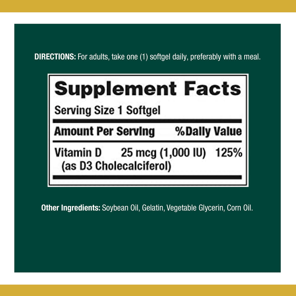 Bottle of Nature's Bounty Vitamin D3 Soft Gels with label