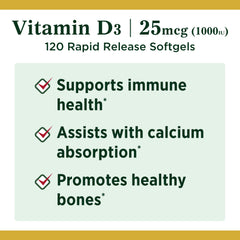 Nutrition facts panel for Nature's Bounty Vitamin D3 1000 IU, 120 count