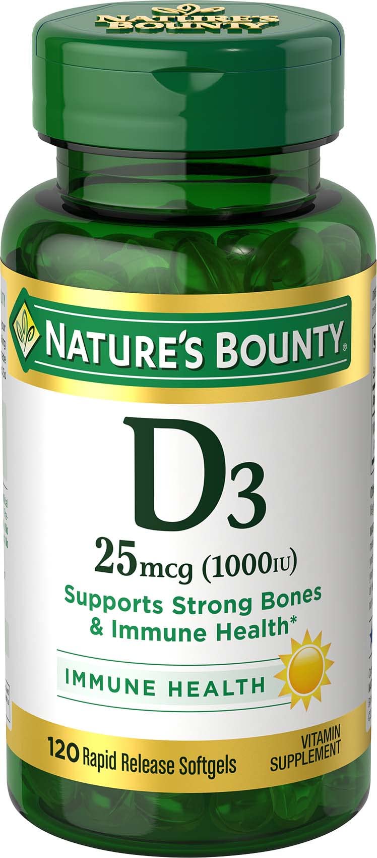 Nature's Bounty Vitamin D3 1000IU softgels 360-count tri-pack hero image