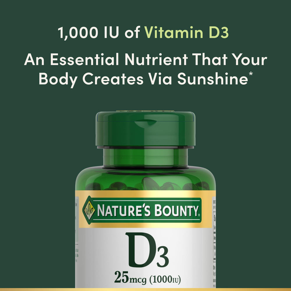 Packaging for Nature's Bounty Vitamin D3 1000 IU softgels 250-count