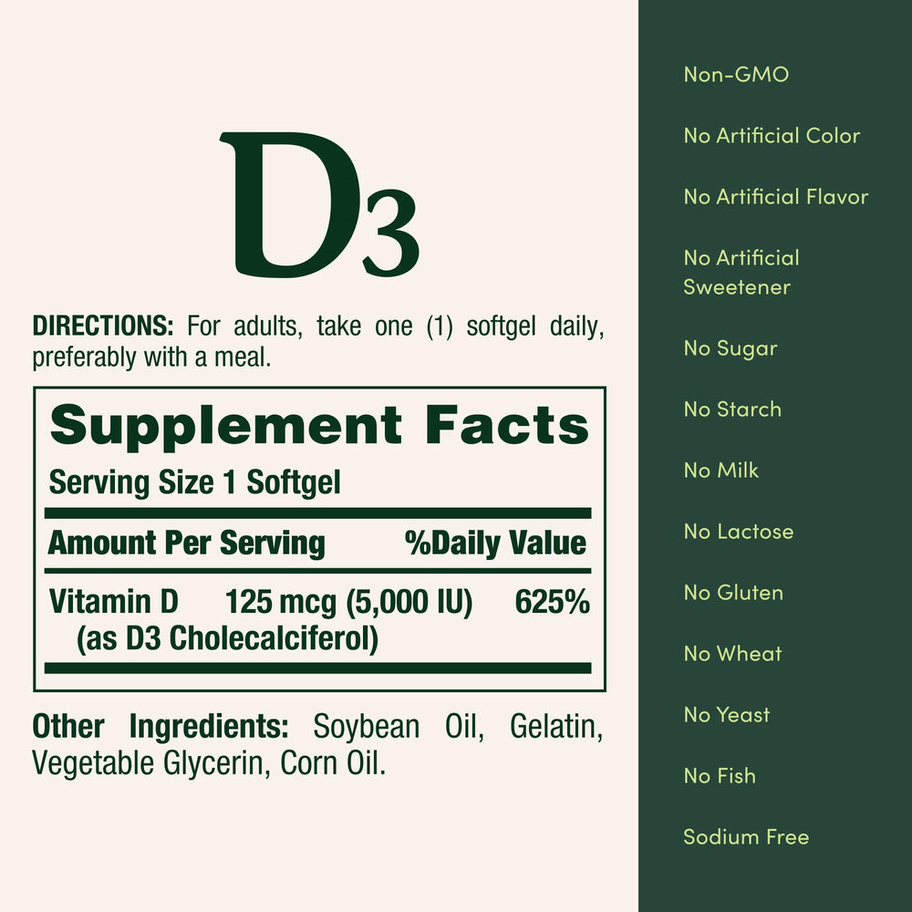 Decorative image of Nature's Bounty Vitamin D3 5000 IU bottle with softgels