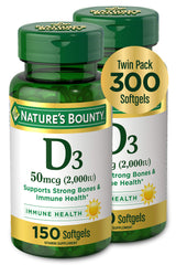 Front view of Nature's Bounty Vitamin D3 50 mcg softgels twin pack (2 bottles, 150 softgels each)