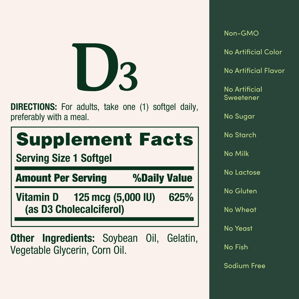 Nature's Bounty Vitamin D3 softgels are non-GMO and gluten-free