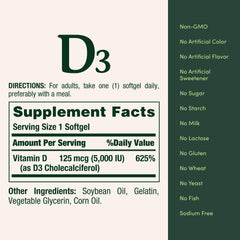 Nature's Bounty Vitamin D3 softgels are non-GMO and gluten-free