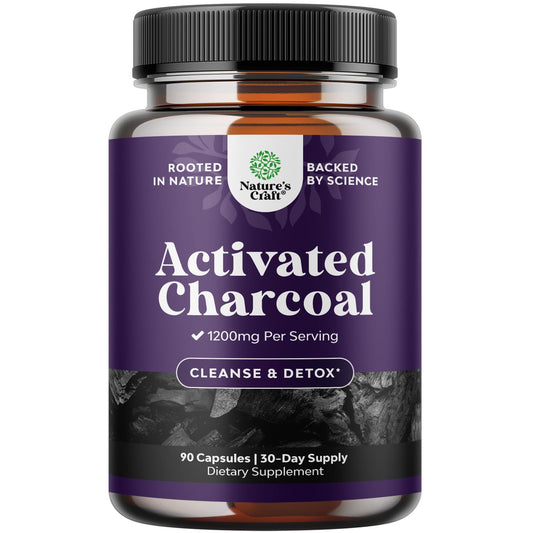 Bottle of Natures Craft Activated Charcoal Pills with 1200mg per serving