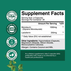 Close-up of ingredients showing 250mg lactoferrin and 1000mg monolaurin