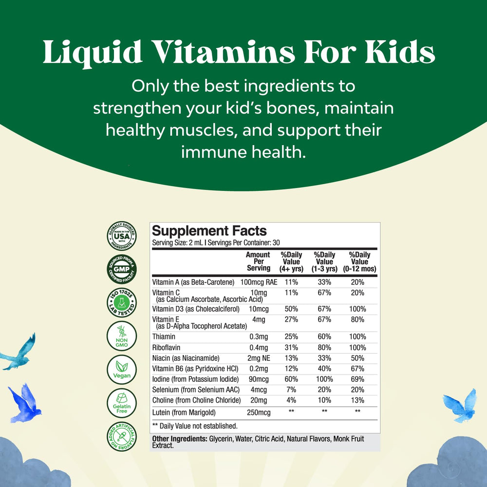 Side view of the kids' liquid multivitamin bottle and label